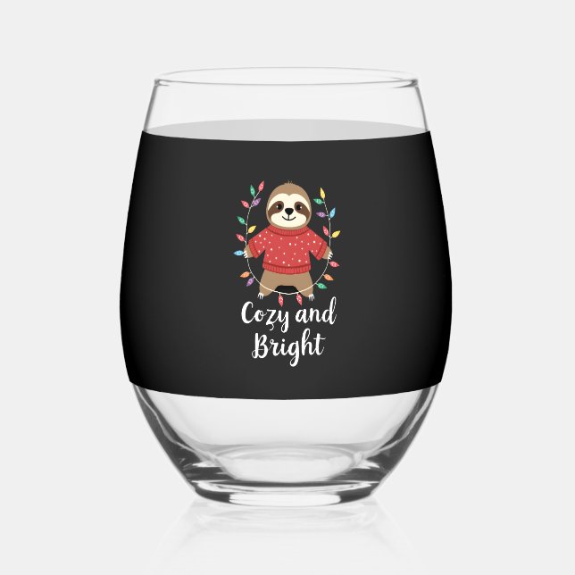 Cozy And Bright Sloth Christmas Lights (3) Stemless Wine Glass (Front)