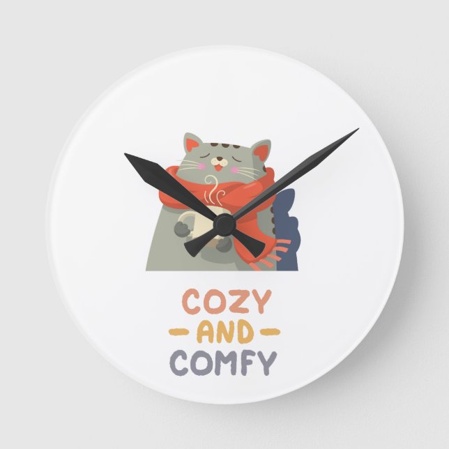 Cozy and Comfy Cat Orange Scarf Winter Warm Cute  Round Clock (Front)