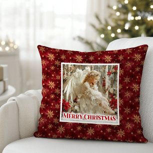 Cozy Angel Poinsettia Red Gold Custom Name Christm Throw Pillow