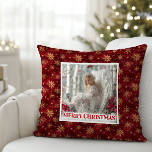 Cozy Angel Poinsettia Red Gold Festive Christmas  Throw Pillow