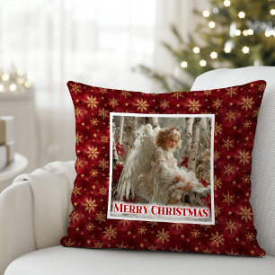 Cozy Angelic Red Gold Christmas Pillow Gift