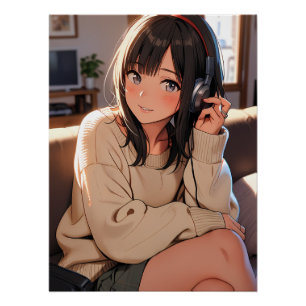 Cozy  Anime Girl Headphones Music Aesthetic Art Poster
