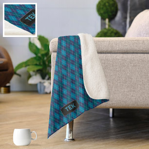 Cozy Argyll in Ocean Blue Shades - Add Initials to Sherpa Blanket