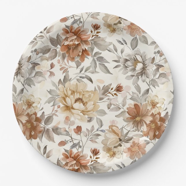 Cozy Autumn Aesthetic Fall Floral Pattern Paper Plate (Front)