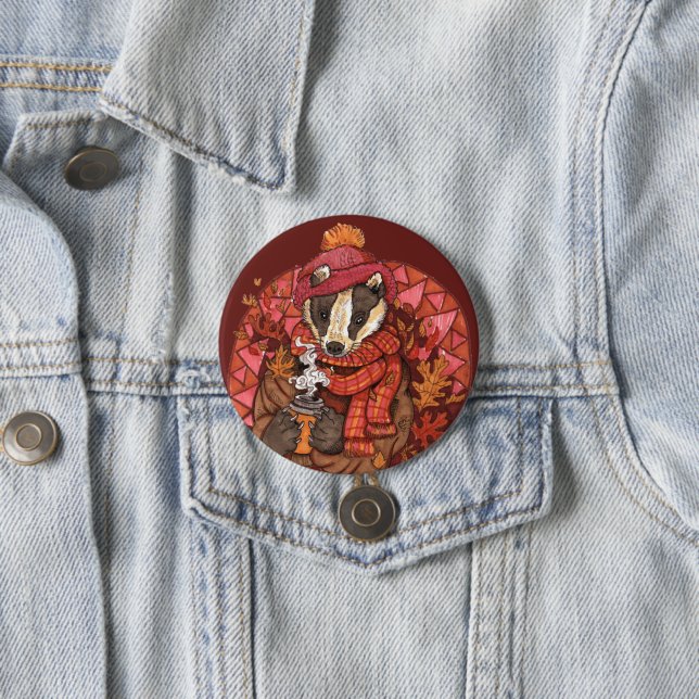 Cozy Autumn Badger Art Button (In Situ)