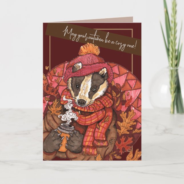 Cozy Autumn Badger Art Card (Front)