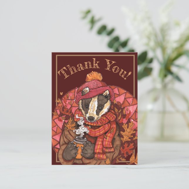 Cozy Autumn Badger Art Postcard (Standing Front)