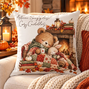 Cozy Autumn Bear & Bunny Cuddles Throw Pillow