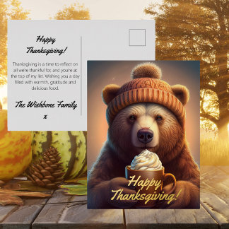 Cozy Autumn Bear Woodland Thanksgiving Foil Holiday Postcard