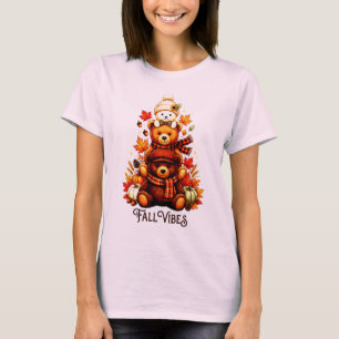 Cozy Autumn Bears Stacked Fall Leaves & Pumpkins G T-Shirt
