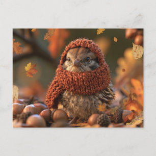 Cozy Autumn Bird in a Knitted Scarf Postcard
