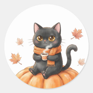 Cozy Autumn Black Cat Kawaii Pumpkin Spice Latte Classic Round Sticker