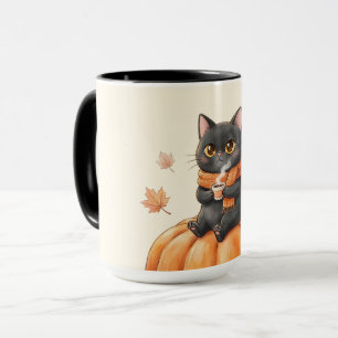 Cozy Autumn Black Cat Kawaii Pumpkin Spice Latte Mug