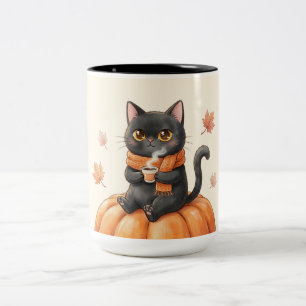 Cozy Autumn Black Cat Kawaii Pumpkin Spice Latte  Two-Tone Coffee Mug