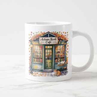 Cozy Autumn Book Café Mug — Open Book & Lantern 