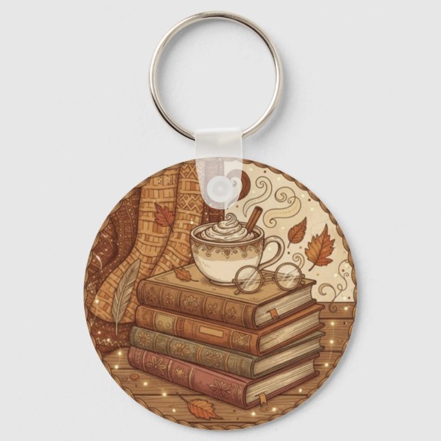 Cozy Autumn Books and Coffee Illustration Keychain (Front)