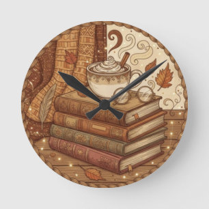 Cozy Autumn Books and Coffee Illustration Round Clock