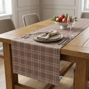 Cozy Autumn Brown Plaid Tartan Geometric Short Table Runner
