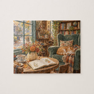 Cozy Autumn Cat Bookshop Reading Nook Jigsaw Puzzle