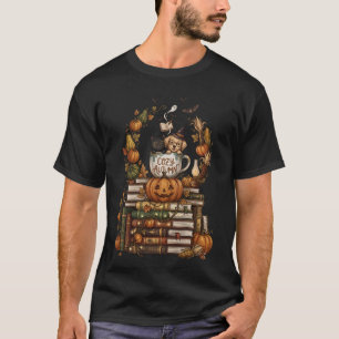 Cozy Autumn Cat Dog Pumpkin Books T-Shirt