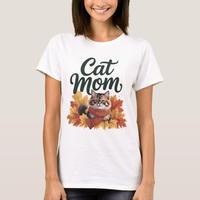 Cozy Autumn Cat Mom T-Shirt | Cute Fall Cat with S (Front)