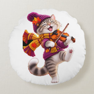 Cozy Autumn Cat Violin Round Pillow