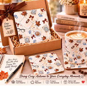 Cozy Autumn Coffee & Books Cork Coaster Rustic F