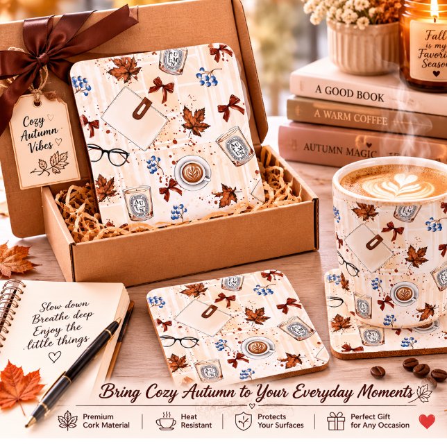 Cozy Autumn Coffee & Books Cork Coaster | Rustic F (Creator Uploaded)