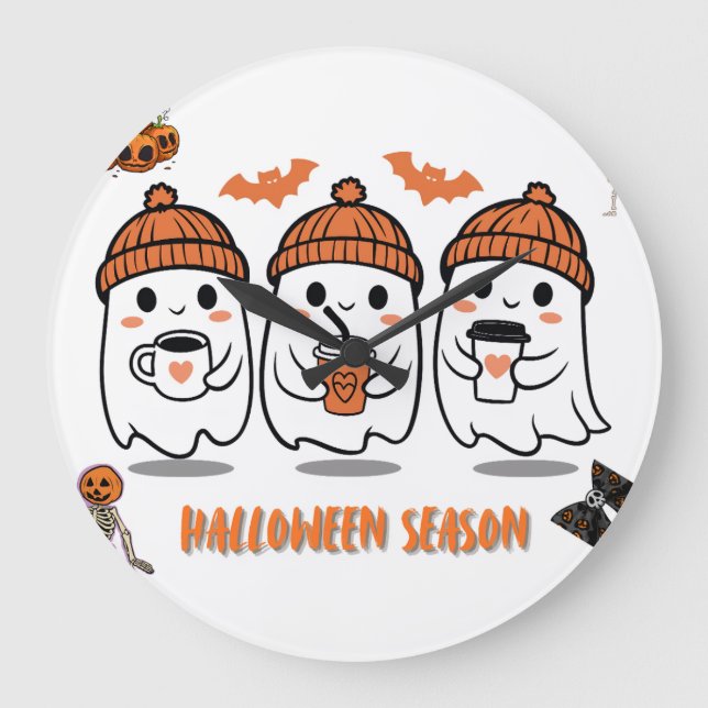 Cozy Autumn Coffee Ghosts – Halloween Large Clock (Front)