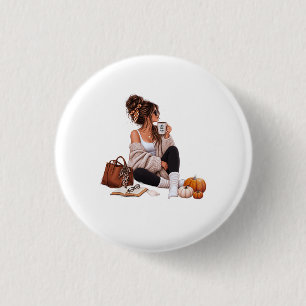 Cozy Autumn Coffee Girl Fall Aesthetic Art 1 Inch Round Button
