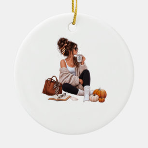 Cozy Autumn Coffee Girl Fall Aesthetic Art Ceramic Ornament