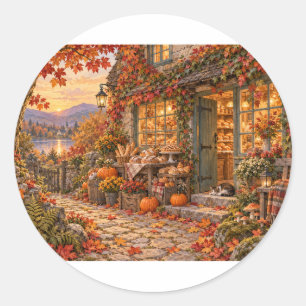 Cozy Autumn Cottage Bakery Golden Hour Round Stick Classic Round Sticker