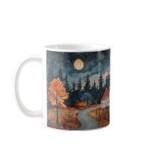 Cozy Autumn Cottage Fall Night Watercolor Art