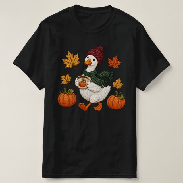Cozy Autumn Duck with Pumpkin Coffee Fall Leaves  T-Shirt (Design Front)