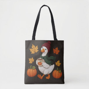 Cozy Autumn Duck with Pumpkin Coffee Fall Leaves Tote Bag