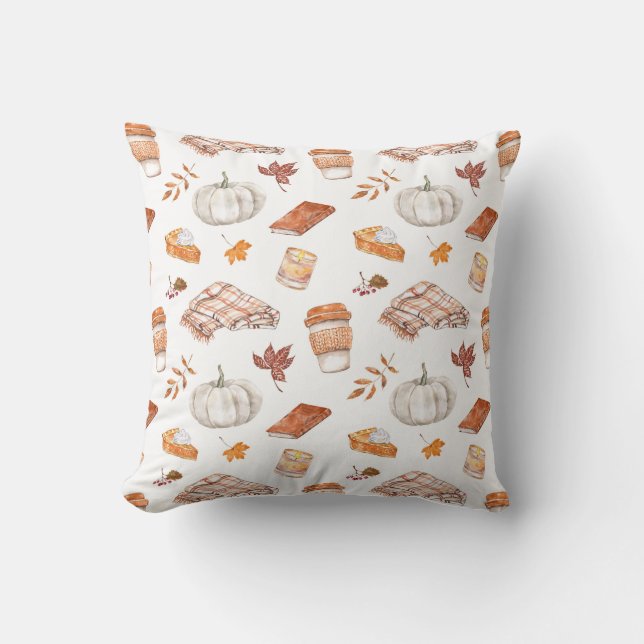 Cozy Autumn Essentials Watercolor Pattern Throw Pillow (Front)