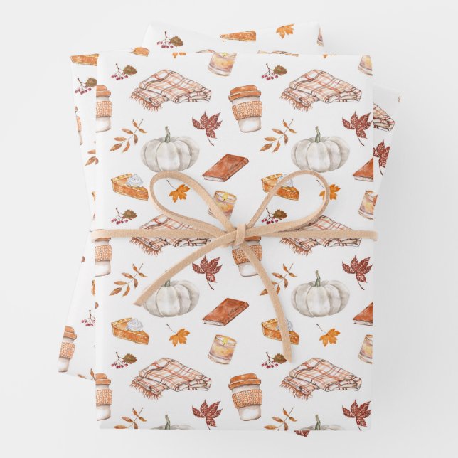 Cozy Autumn Essentials Watercolor Pattern Wrapping Paper Sheet (In situ)