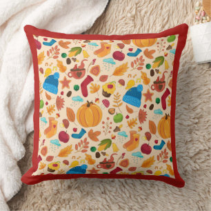 Cozy Autumn Fall Pattern Cold Weather Leaves Red Throw Pillow