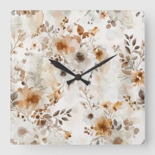 Cozy Autumn Floral Botanical Print Square Wall Clock