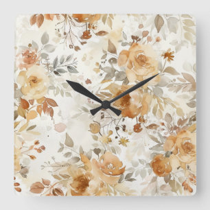 Cozy Autumn Floral Botanical Print Square Wall Clock