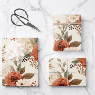 Cozy Autumn Floral Print Digital Art Wrapping Paper Sheet