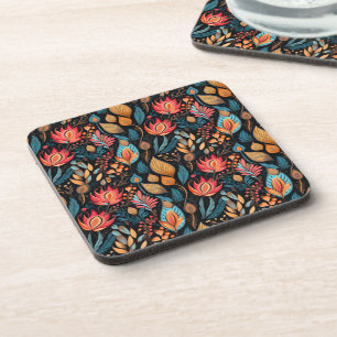 Cozy Autumn Floral Print Digital Folk Art Coaster