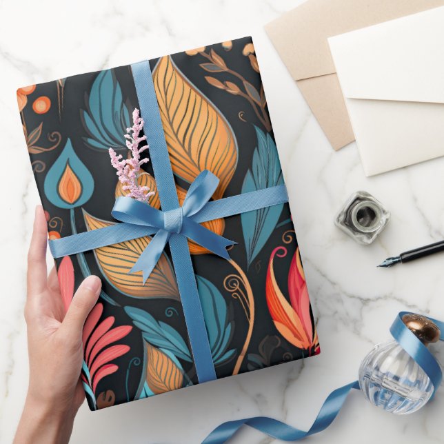 Cozy Autumn Floral Print Digital Folk Art Wrapping Paper (Gifting)