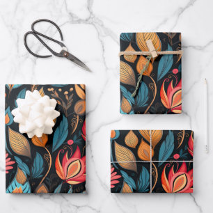 Cozy Autumn Floral Print Digital Folk Art Wrapping Paper Sheet