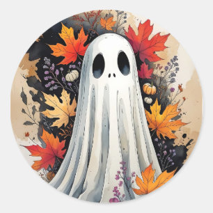 Cozy Autumn Ghost – Kawaii Halloween Watercolor Ar Classic Round Sticker
