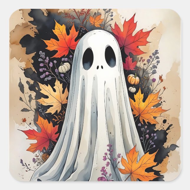 Cozy Autumn Ghost – Kawaii Halloween Watercolor Ar Square Sticker (Front)
