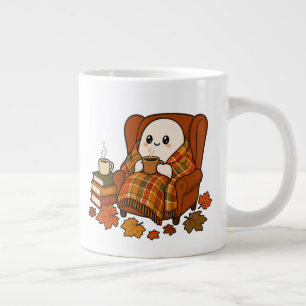 Cozy Autumn Ghost with Coffee Kawaii Fall Readin Large Coffee Mug