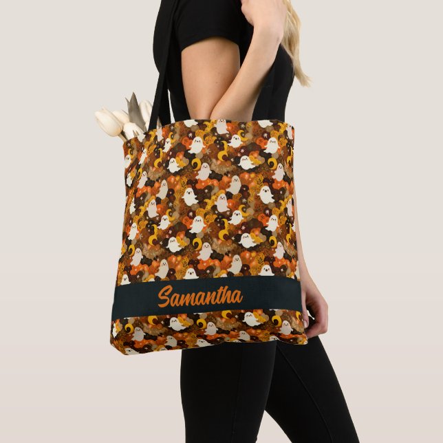 Cozy Autumn Ghosts and Leaves Tote Bag (Close Up)