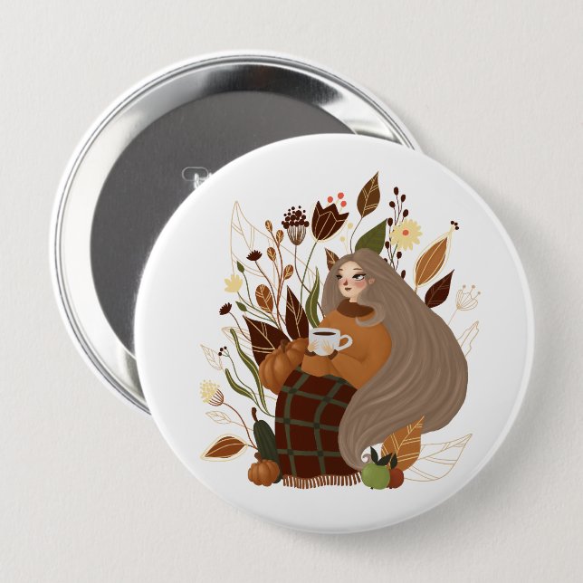 Cozy Autumn Girl 4 Inch Round Button (Front & Back)