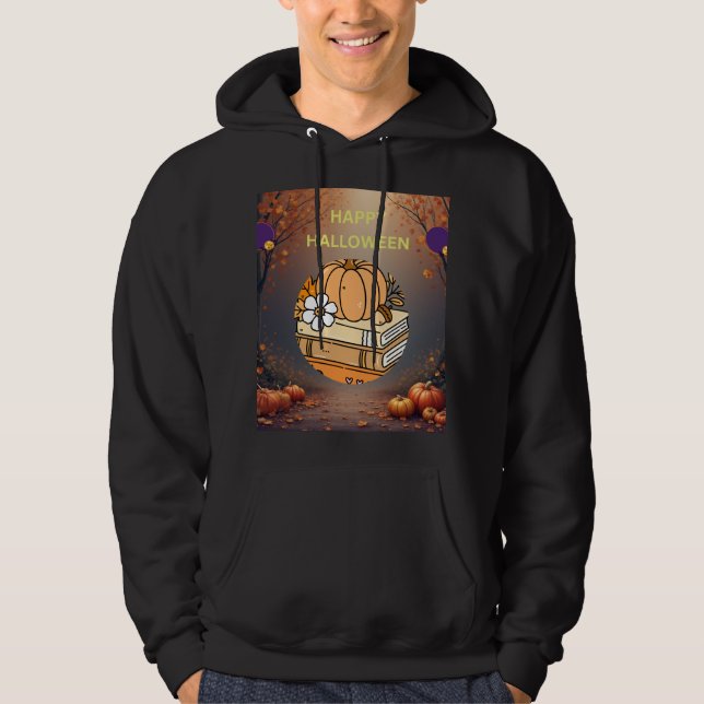 Cozy Autumn Halloween Greeting – Pumpkin and Books Hoodie (Front)